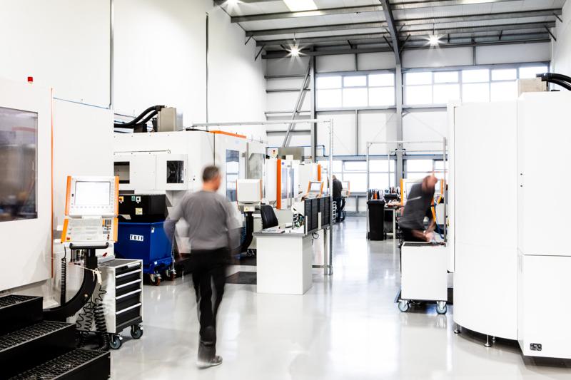 Wide view of the Velocetec CNC machine shop floor