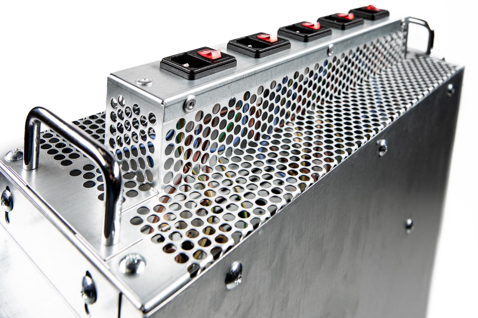 Close-up of a Heatload finned heat exchanger component used in data centre testing