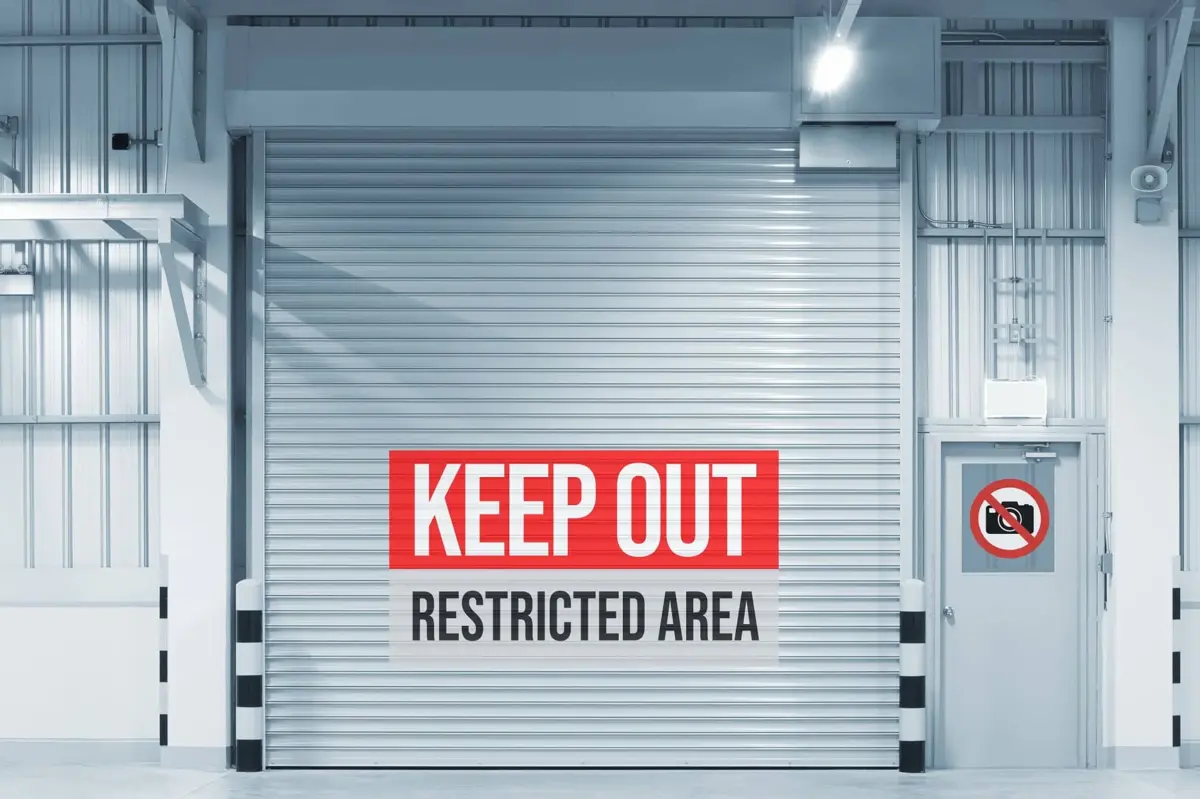 Restricted-area shutter illustrating how to do marketing when you have an NDA