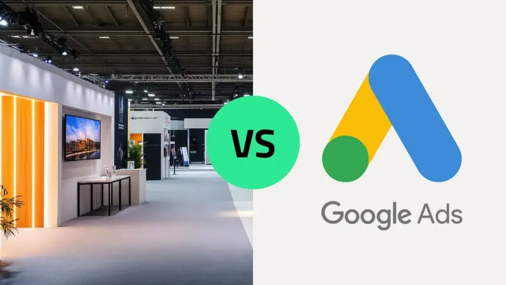 Comparison graphic of a trade show stand versus Google Ads